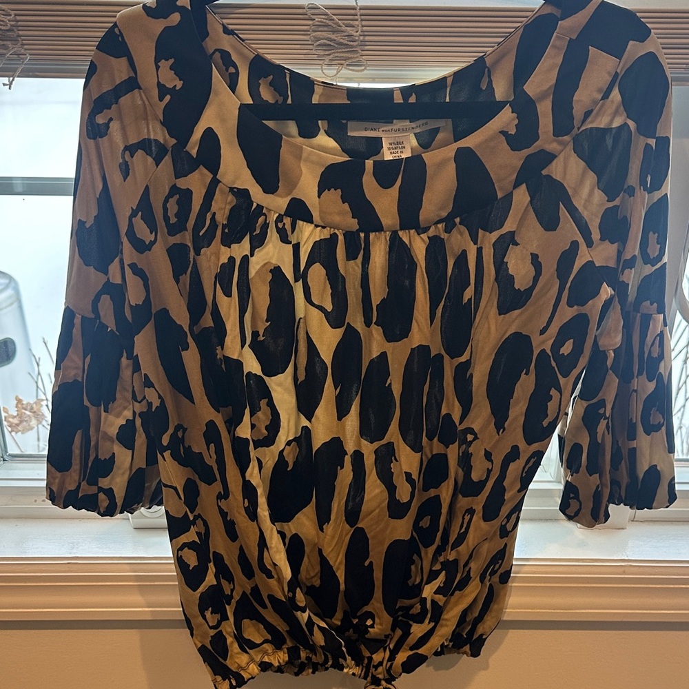 Diane Von Furstenberg Black and Tan Animal Print Blouse